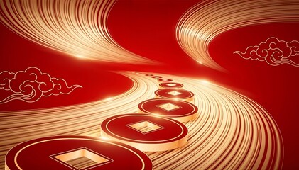 Vibrant red and gold abstract illustration for Chinese New Year with glowing coins and swirling lines conveying prosperity and good fortune.
