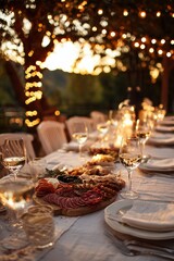 Outdoor dinner party setup with white linens, charcuterie, wine glasses and fairy lights. Elegant and romantic ambiance for summer gathering under the stars.