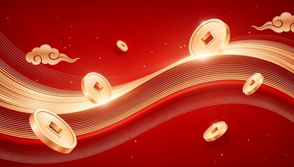 Illustration of gold coins and clouds on a wavy red background for Chinese New Year with a festive mood.