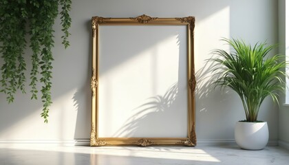 Empty ornate gold frame stands on white floor next to potted green plant and hanging ivy. Sunlight casts shadows on wall creating bright minimalist scene.
