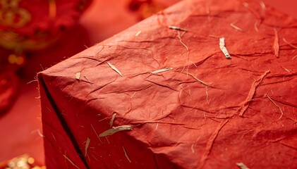 Close-up of a red gift box with gold accents on a matching red background, decorated for chinese new year celebrations.