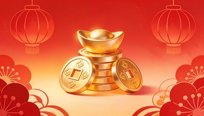 Illustration of a gold ingot and coins with chinese new year decorations on a red background with a festive mood and traditional lanterns.