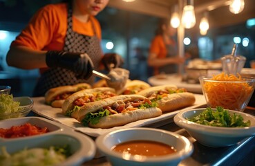 Woman prepares vietnamese banh mi sandwiches at night street food stall. Fresh baguettes filled with meat lettuce vegetables and sauce are ready to eat.
