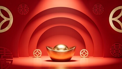 A gold ingot and coins on a red background with chinese new year decorations, conveying a festive mood with a cinematic lighting effect.