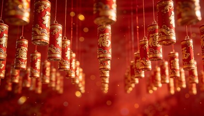 Close-up of red and gold hanging lanterns with intricate designs against a blurred red background with bokeh lights, conveying a festive and celebratory mood during chinese new year.