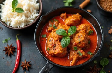 Spicy Indian chicken curry served with basmati rice. Red hot gravy dish seasoned with aromatic spices, chili pepper, star anise. Garnished with fresh basil leaves and coriander.