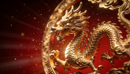 Close-up of a golden dragon sculpture against a vibrant red background with golden accents, symbolizing the chinese new year with a festive and celebratory mood.