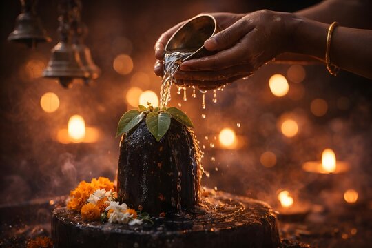 Close-up of hands offering water on Shiva Lingam, bel leaves and flowers, diya flames in background bokeh, temple bells, soft warm light, devotional mood, shallow depth of field, high detail photograp
