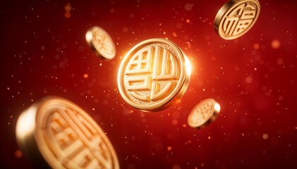 Glowing gold coins with Chinese characters float in mid-air against a vibrant red background with subtle sparkles, conveying a festive mood for Chinese New Year.