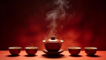 Steaming teapot and four small tea cups on a red table against a dark red background with smoke rising, conveying a traditional Chinese New Year celebration atmosphere.