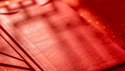 Close-up of a red envelope with shadows on it, symbolizing Chinese New Year, against a white background with a warm and festive mood.