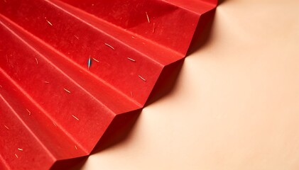 Close-up of a red chinese new year fan with golden accents on a peach background.