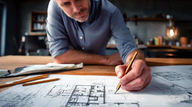 Architect working on detailed blueprint for a modern residential home focusing on floor plans and room layouts in an office setting.