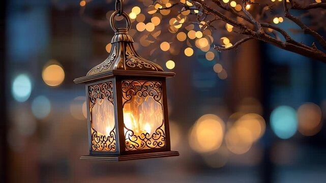 Ornate lantern hanging with warm bokeh lights festive evening atmosphere