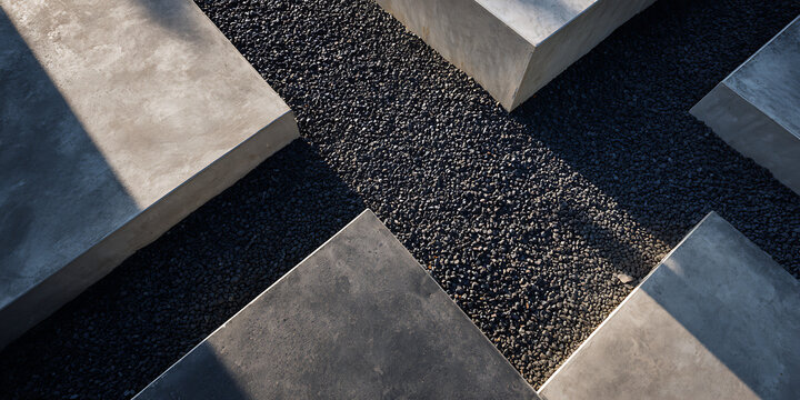 Abstract architectural composition featuring geometric concrete blocks contrasting with dark river stones under dramatic sunlight and shadow.