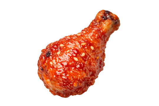 Glazed chicken drumstick with sesame seeds on a transparent background, savory fried snack with a sweet and spicy sauce