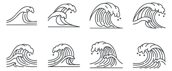 Obraz premium A collection of eight stylized wave icons in clean outline vector style, perfect for aquatic themes and coastal designs