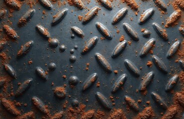 Close-up view of rusty diamond plate metal surface. Textured steel sheet shows repeating oval pattern. Dark industrial background with dirt and grime.