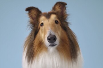 Collie dog with smooth fur stands against a plain blue background during a studio photo session for pet portraits