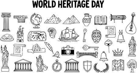Fototapeta premium Black and White Hand-drawn Line Art Icons Set for World Heritage Day, featuring historical, cultural, and travel symbols for education and preservation.