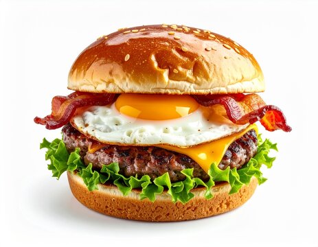 Breakfast beef burger topped with fried egg and crispy bacon