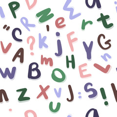 Hand-drawn seamless pattern with funny cartoon English alphabet letters. Playful colorful illustration perfect for kids education, nursery decor, textiles, wallpaper, stationery and learning materials