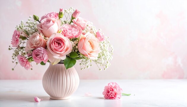 Buket mawar merah muda dan anyelir yang cantik dalam vas elegan.