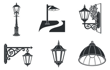 Fototapeta premium A collection of vintage street lamps and decorative lighting fixtures in black and white vector style, ideal for architectural design projects