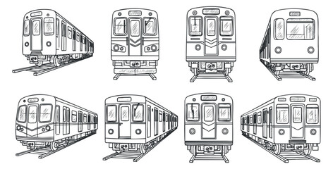 Obraz premium A collection of various train designs in black and white line art vector style, ideal for transport-themed projects