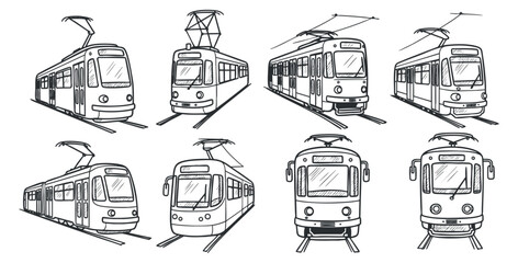 A collection of various tram and train designs in black and white outline vector style, suitable for transportation-related projects