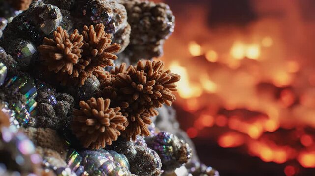 Close Up of Aragonite Crystal Formations with Fiery Background