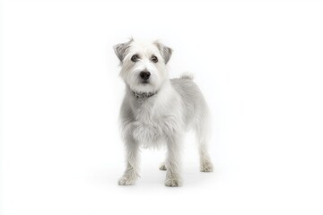 Obraz premium Small white glen of imaal terrier dog stands on a plain background looking curiously at the camera during daylight hours