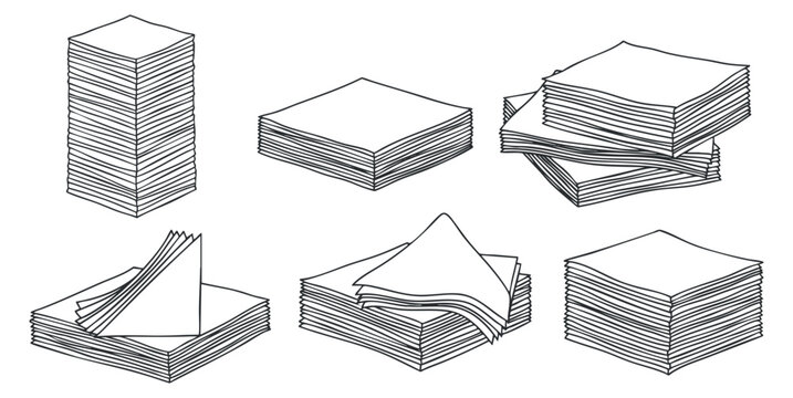 A collection of paper stacks and sheets in minimalist outline vector style, suitable for office and stationery design projects