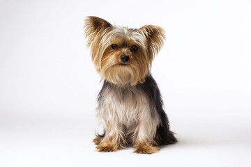 Small Yorkshire Terrier dog sits on a white background with attention on its face and fur