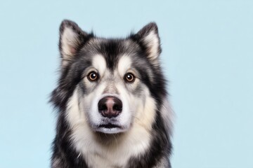 Obraz premium Large Alaskan_Malamut dog with thick fur sits in front of light blue background looking straight at the camera with focused eyes