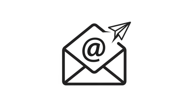 Black line icon of an envelope with an at sign and paper airplane