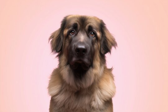 Dog Leonberger ooking directly at the camera with a pink background in a simple indoor setting during daylight hours