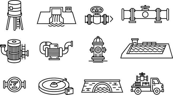 Minimalist line art grid of water infrastructure icons showing valve hydrant pump tank dam bridge meter service truck close up utility