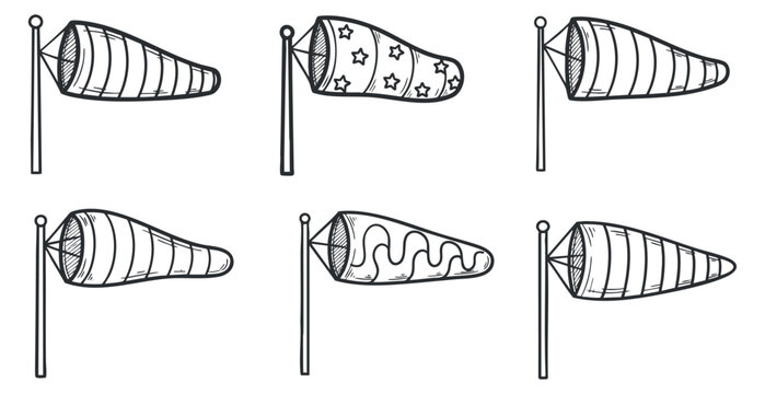 A set of six decorative windsock designs with various patterns in black and white outline vector style, perfect for event decoration and signage