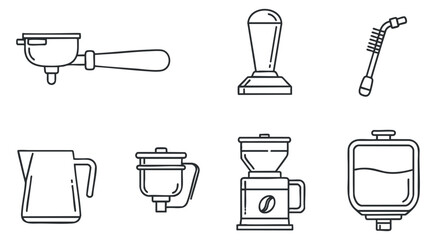 A collection of coffee brewing tools and equipment in minimalist outline vector style, perfect for cafe branding and logo design