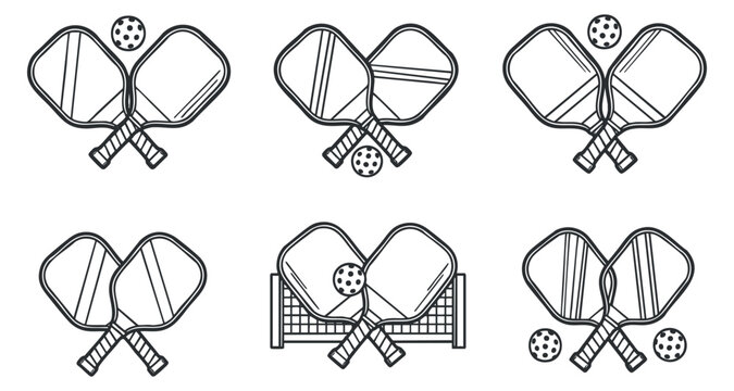 A collection of pickleball paddles and balls in black and white outline vector style, suitable for sports branding and recreational designs