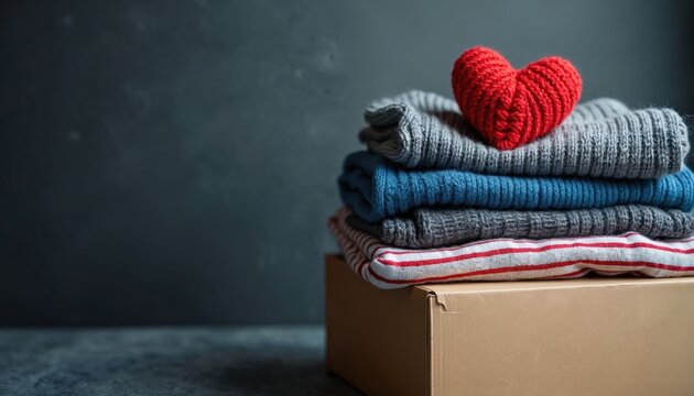 Stacked clothes on cardboard box with red heart. Represents donation, charity, kindness. Warm apparel for giving, sharing love, helping needy people.