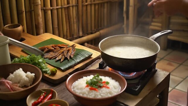 Authentic Asian Cuisine: Cooking Congee and Preparing Fish with Local Ingredients