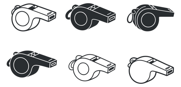 A set of six black and white whistle icons in minimalist vector style, ideal for sports and coaching applications