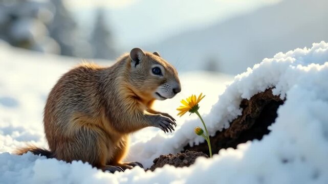 Small brown rodent curiously examines a yellow flower emerging from the snow, showcasing a moment of nature's beauty in a winter landscape