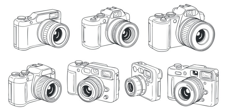 A collection of various camera illustrations in detailed outline vector style, perfect for photography-related projects