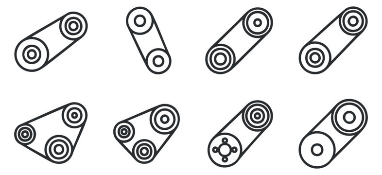 A set of minimalist vector icons representing various types of conveyor belts in black and white style, suitable for industrial design and technology projects