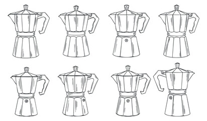 Fototapeta premium A set of eight moka pots in black and white outline vector style, perfect for coffee-related designs and branding