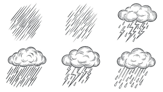 A collection of hand-drawn weather icons featuring clouds, rain, and lightning in sketch style, ideal for weather-related designs