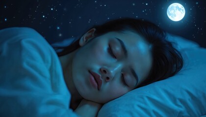 Young woman sleeps soundly under moonlit starry night sky. Peaceful slumber reflects deep rest, circadian rhythm balance, and restorative wellness journey.